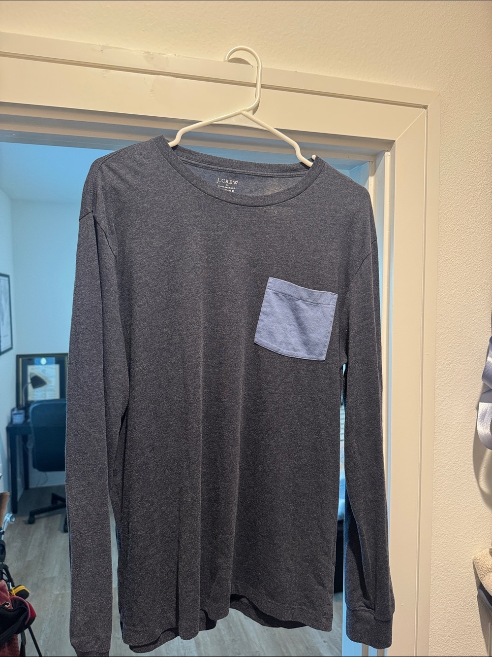 J. Crew Men's Long-Sleeve Charcoal Tee with Light Blue Pocket